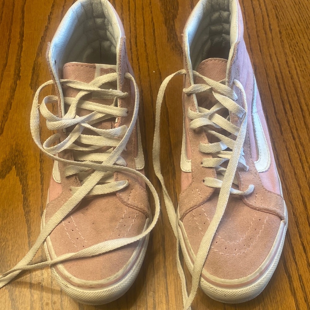 Pink  high top Vans . Cow hide , cloth and leather